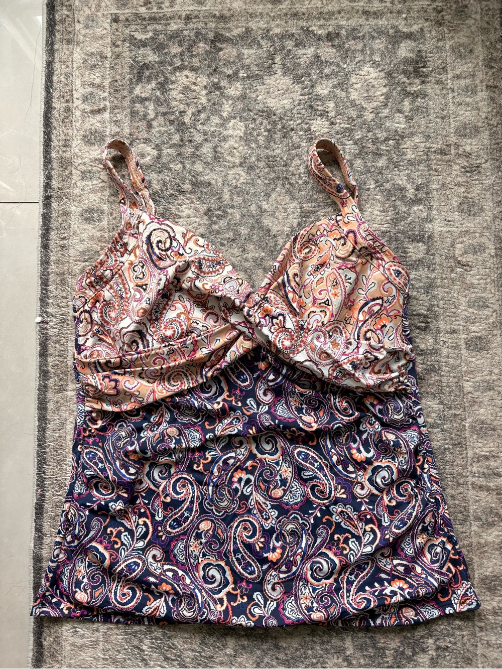 Lands' End Paisley Swim Tankini Top in Navy Trim and Pastel Pink